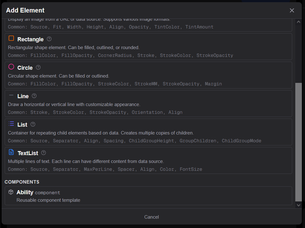 Add element panel with components
