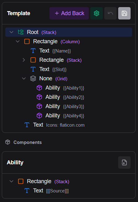 Component reference in the template tree with its definition expanded below