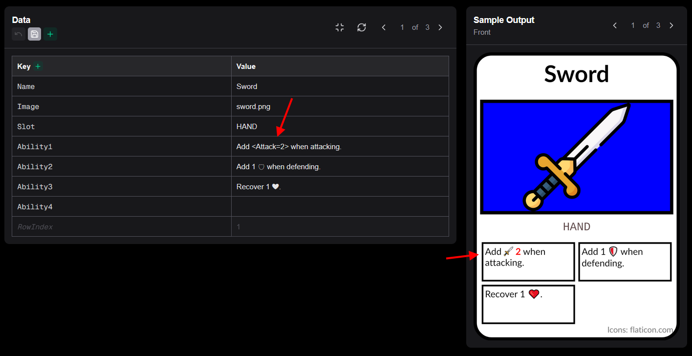 Text inline component rendering a sword icon inside a text string