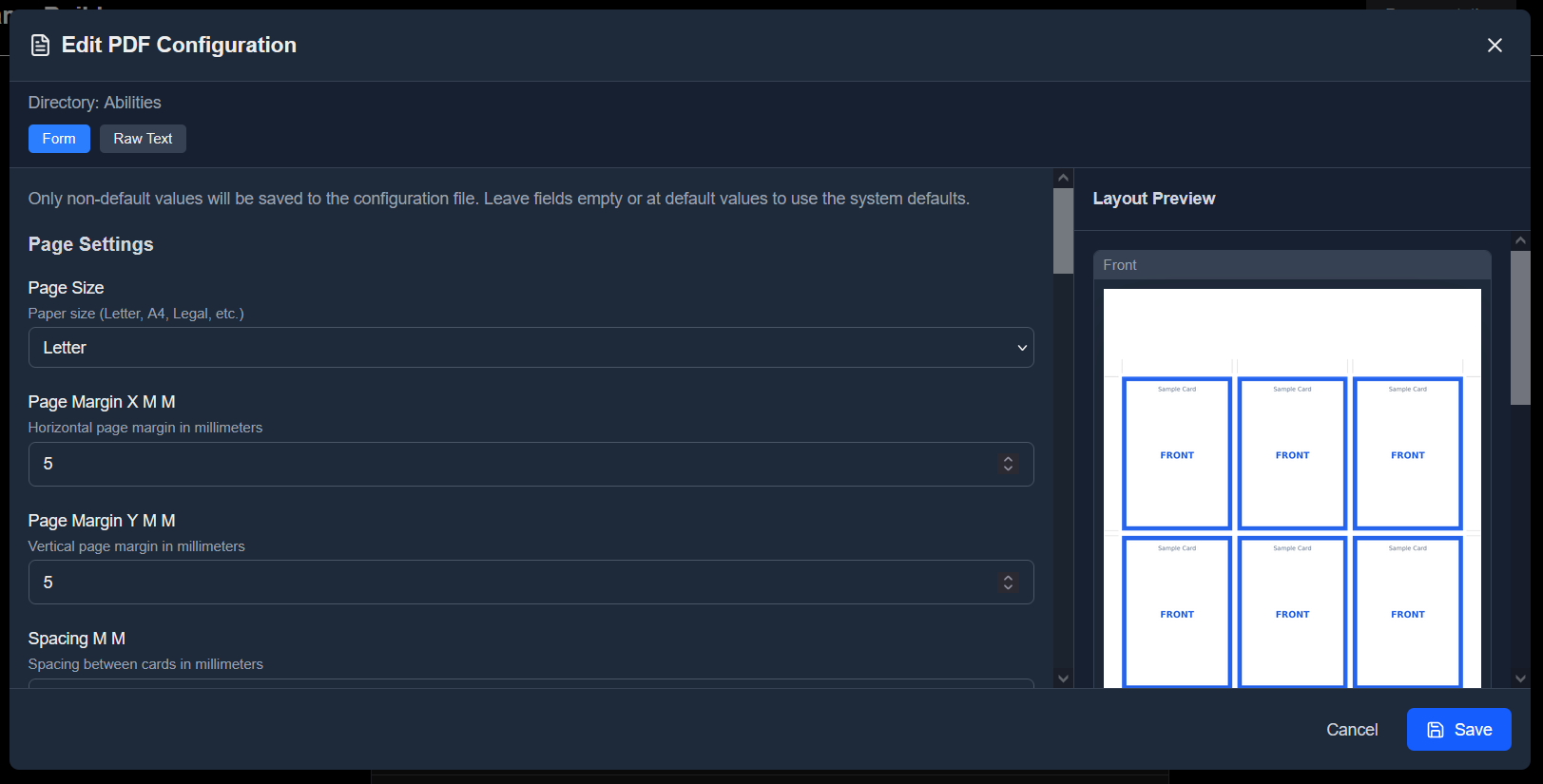 PDF layout configuration in Root settings