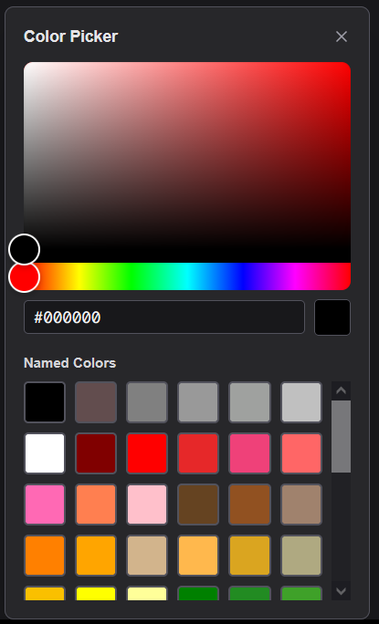 Color picker with hex wheel, named colors, and constant swatches