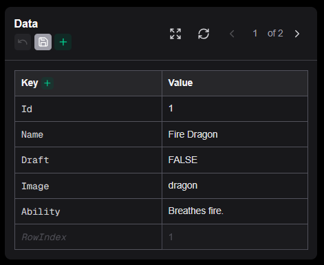 Sample data panel showing current row values