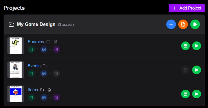 Main page with projects and assets