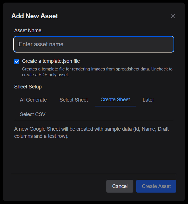 Add Asset wizard