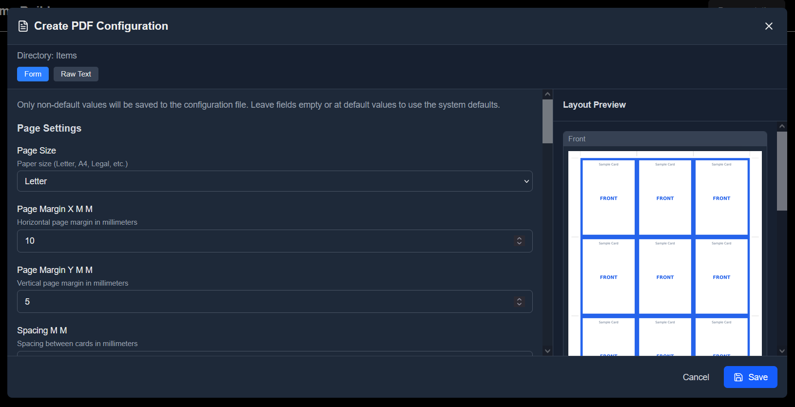 New Cards Config dialog