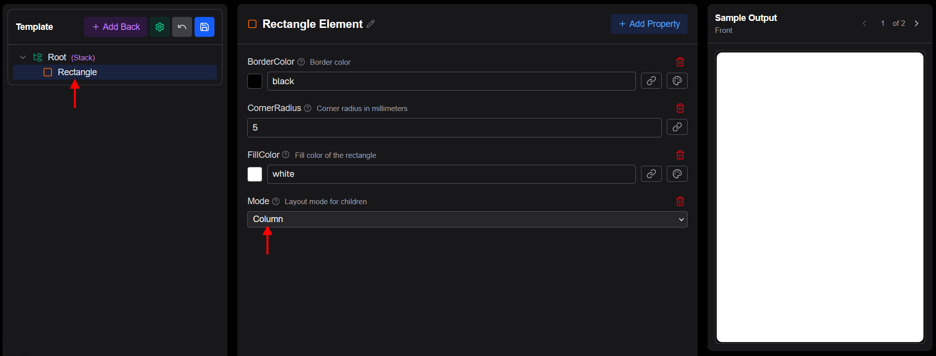 Rectangle with Mode set to Column