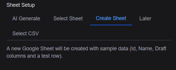 Sheet setup tabs