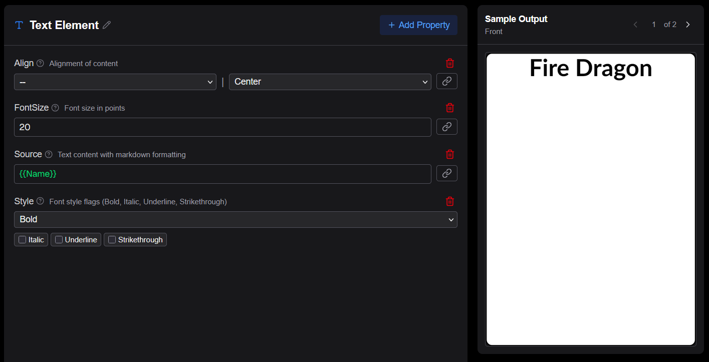 Text element properties with Name reference selected
