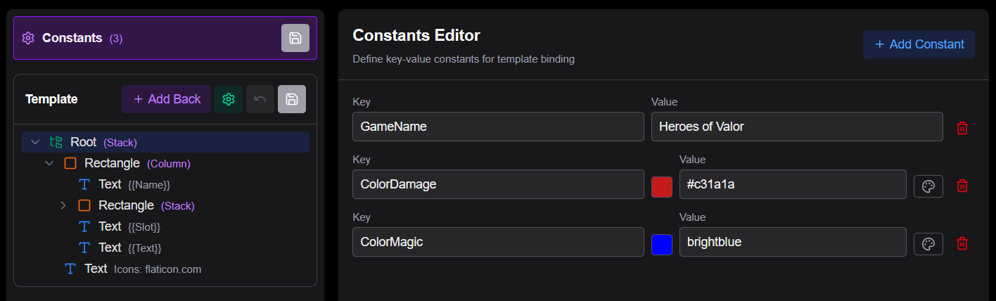 Constants section in Root settings